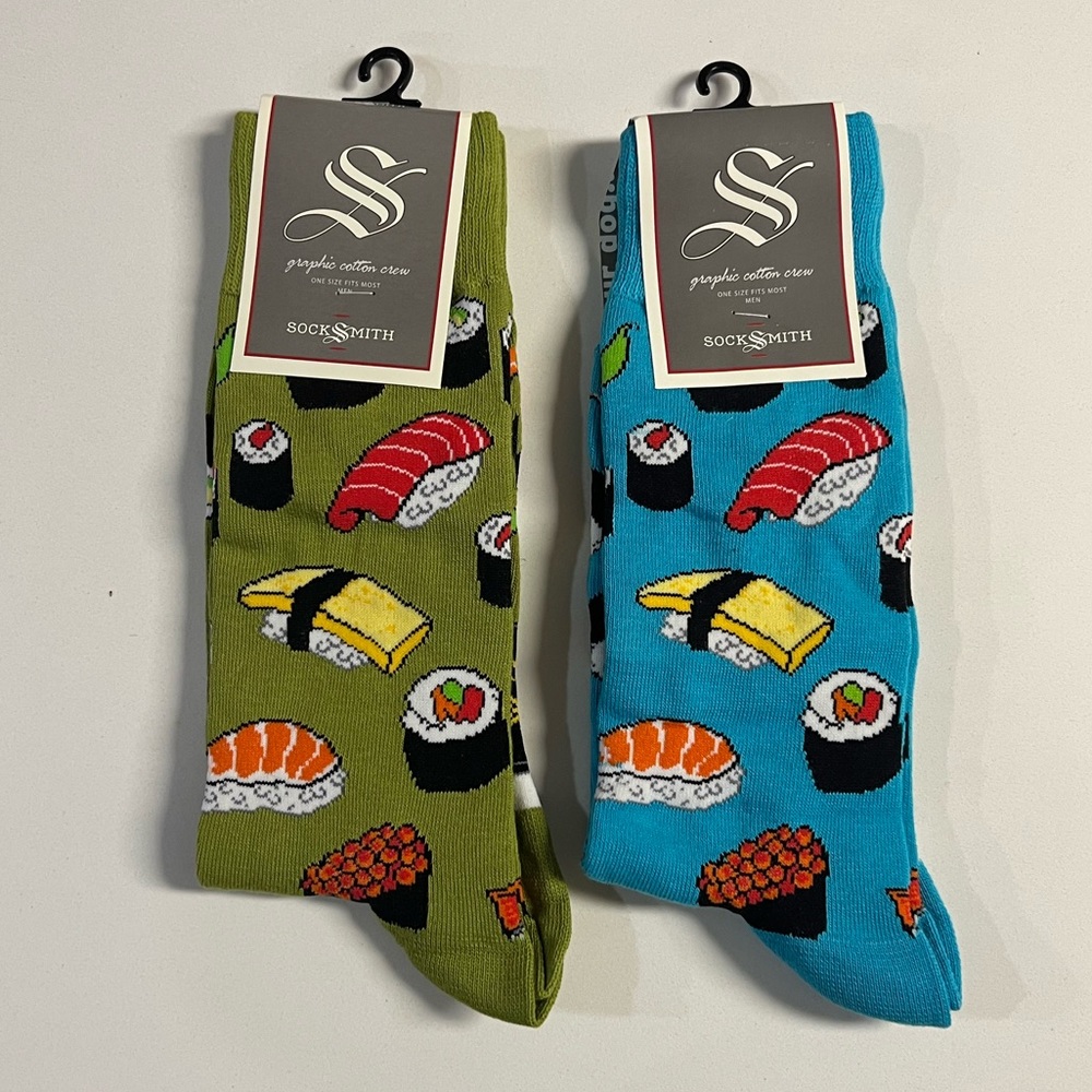 *NWT Lot of 2 Socksmith Men's Socks Novelty Crew Cut Socks "Sushi" Green/Blue